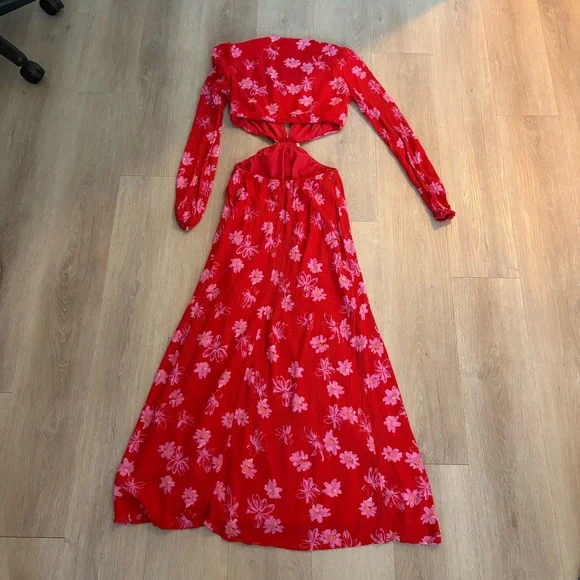 WAYF Womens Maxi Dress Size XS Red Pink Floral Long Sleeve Cutout Deep V - Picture 10 of 10